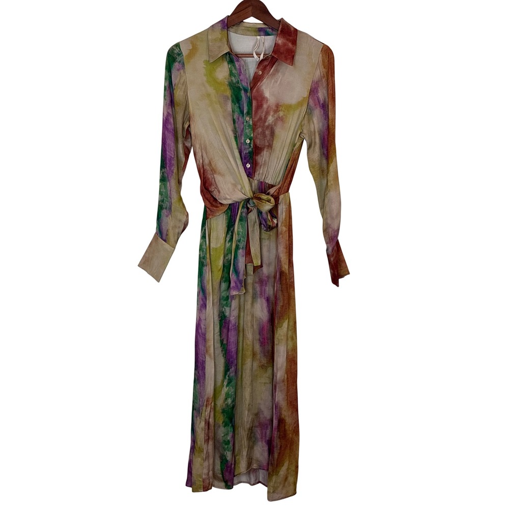 Anthropologie Long Sleeve Shirt Dress Watercolor Tie Dye Front Tie Silky Boho XS
